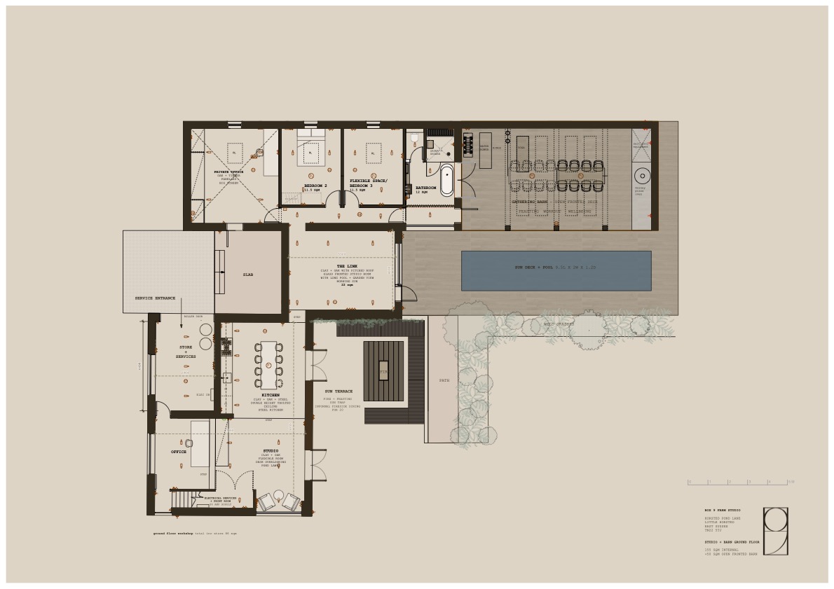 Ground floor plan — studio, kitchen, link, bedrooms, bathroom and gathering barn with pool