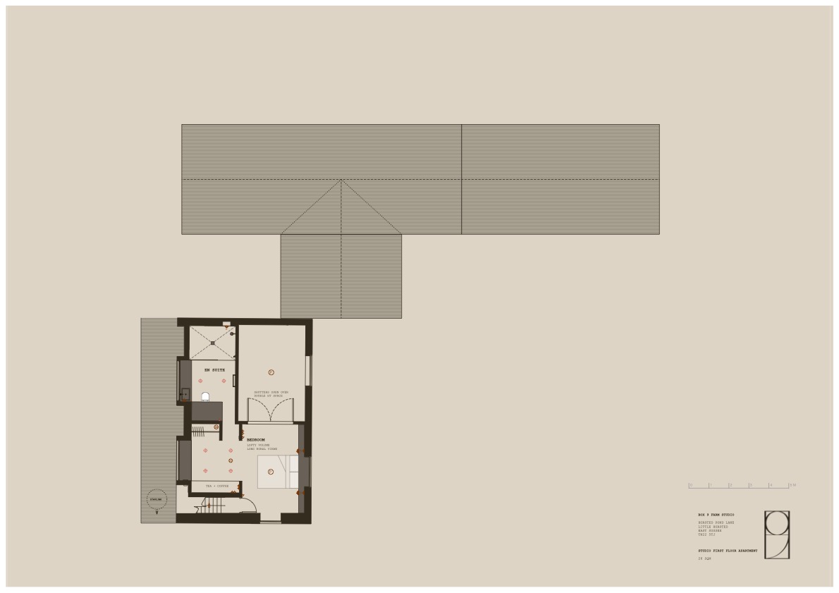 First floor plan — apartment with bedroom, ensuite and shutters over the double-height space