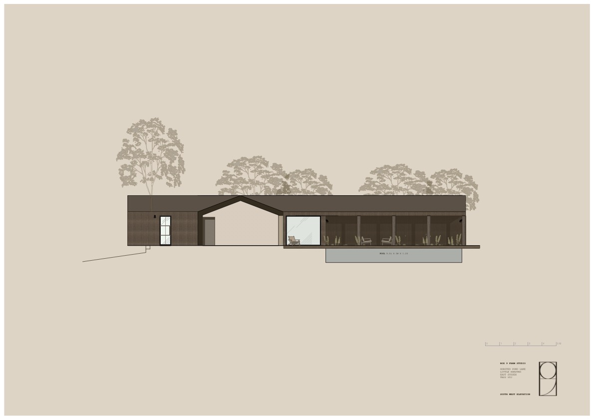 South-west elevation — timber-clad barn with open-fronted deck and pool