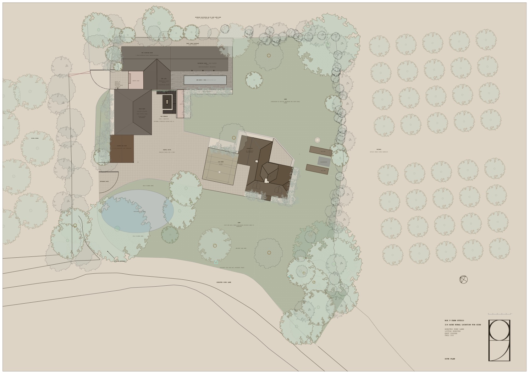 Site plan — house, barns, pool, pond, orchard, lawns and boundary planting across three-quarters of an acre